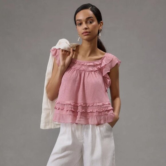 Brand New by Anthropologie Ruffled Flutter-Sleeve Top - Picture 3 of 8